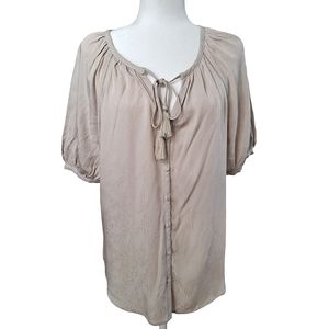 Love Stitch Tan Floral Print Balloon Sleeve Boho Bohemian Peasant Top Blouse szM
